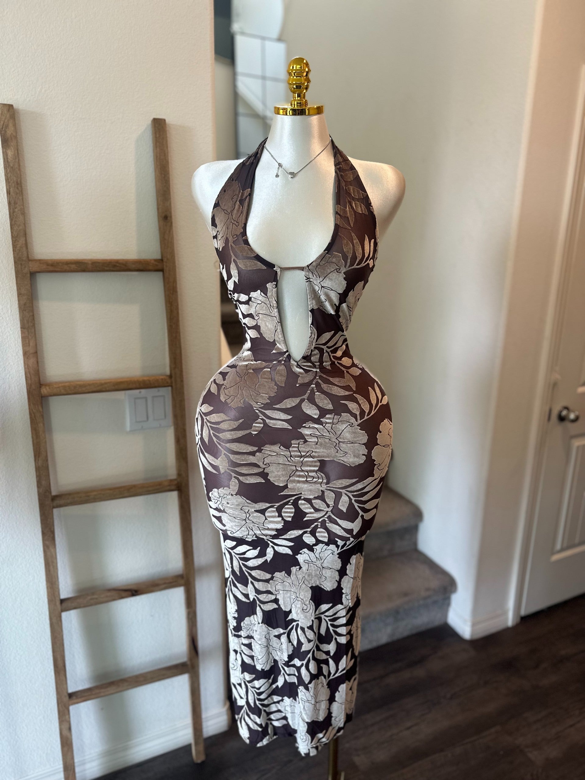 Brown Floral Maxi Dress |   .